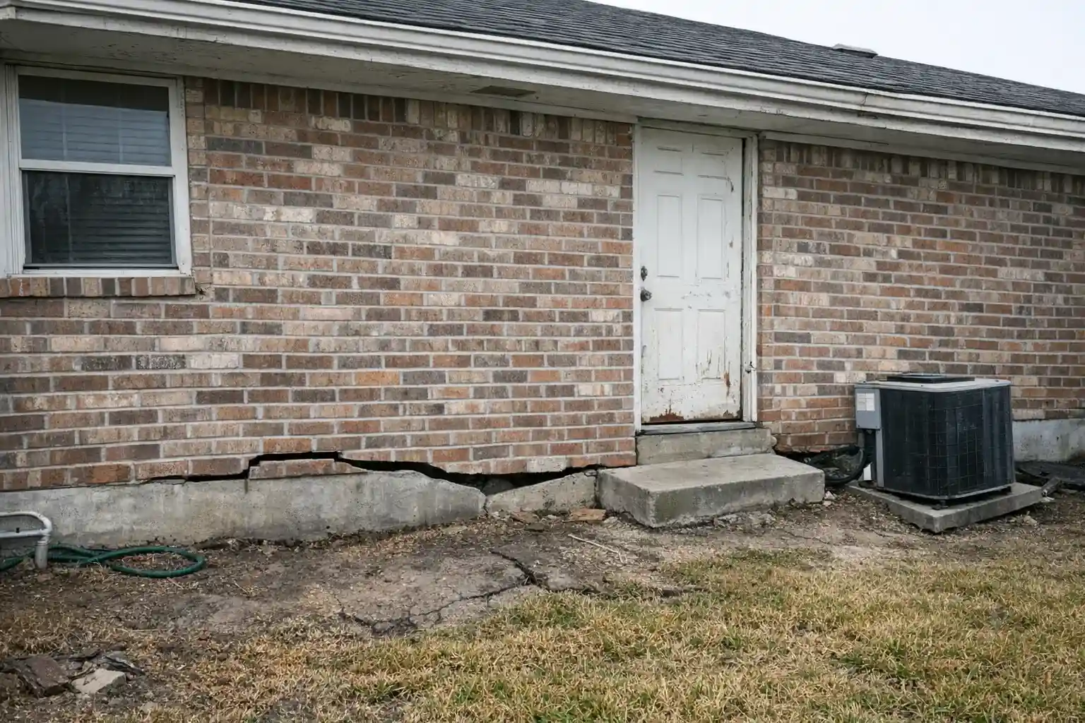 Two‑story beige‑and‑brick house with repaired foundation, aligned doors, and level air‑conditioning unit after house leveling work in Portland, Texas.